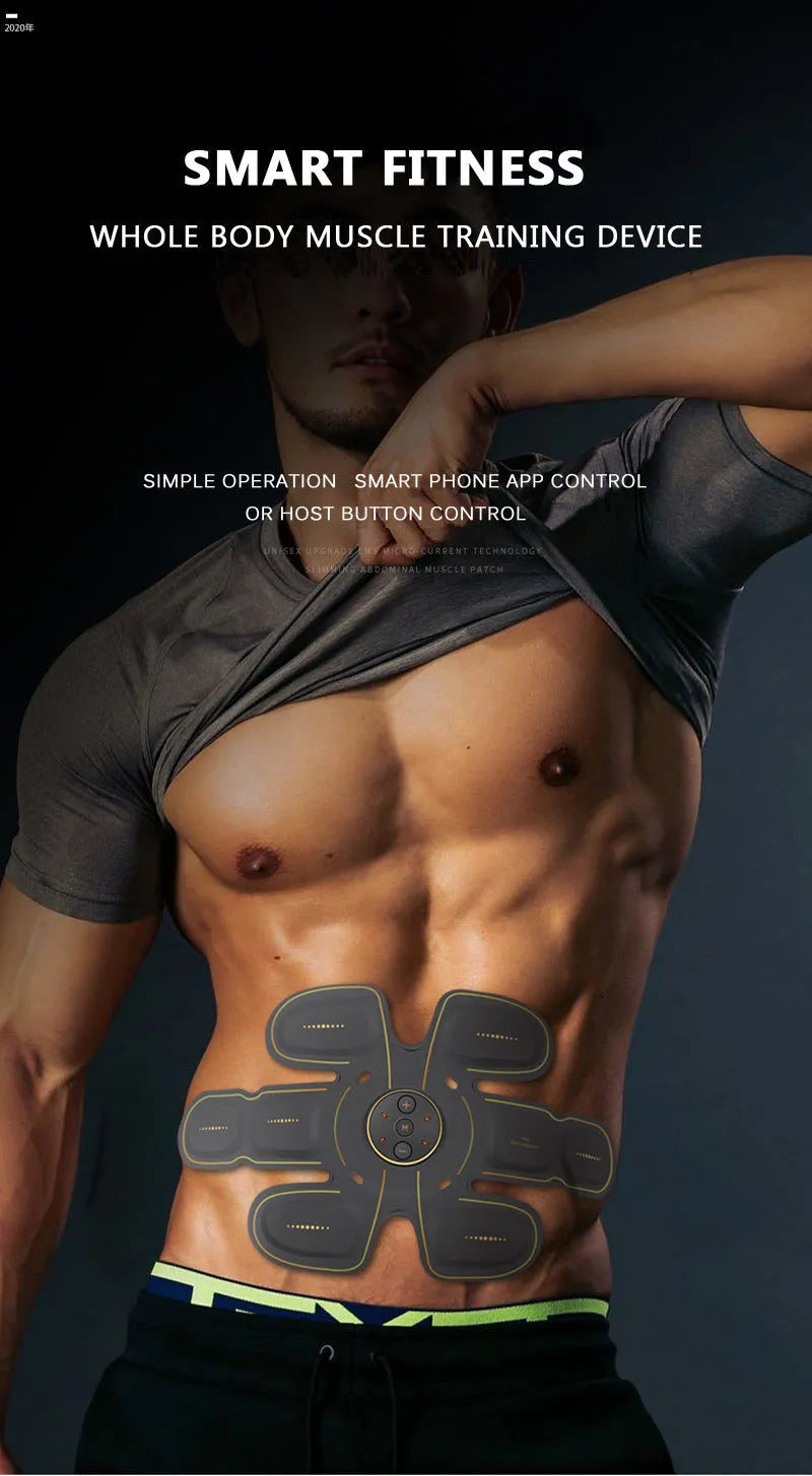 Smart EMS abdominal trainer in black with app control, eight massage modes, and USB charging for home ab workouts