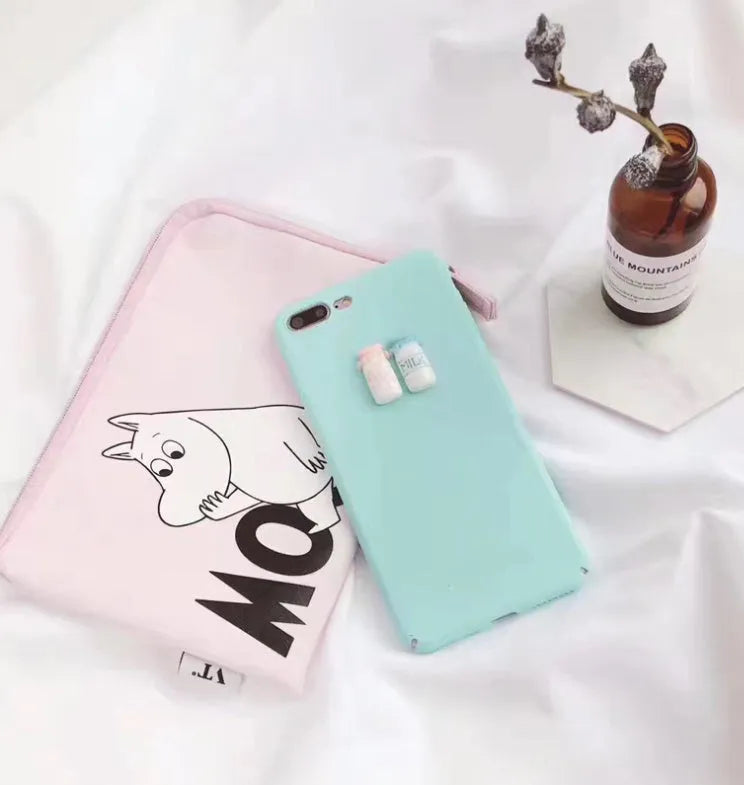 Frosted mobile phone case with 3D baby bottle and coffee cup design in turquoise