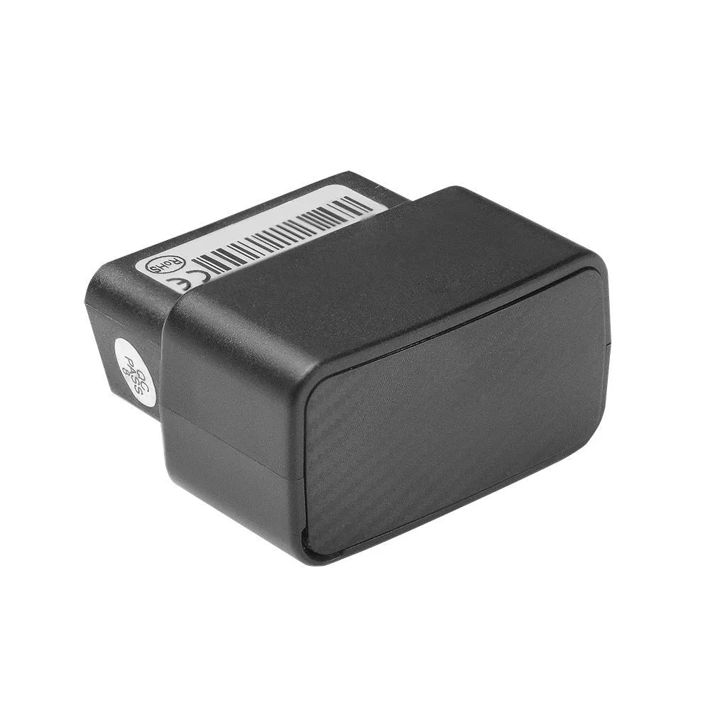 Black car OBD GPS locator with quad positioning (GPS, BeiDou, Wi-Fi, LBS) and IPX-6 waterproof rating, shown plugged into a vehicle OBD port