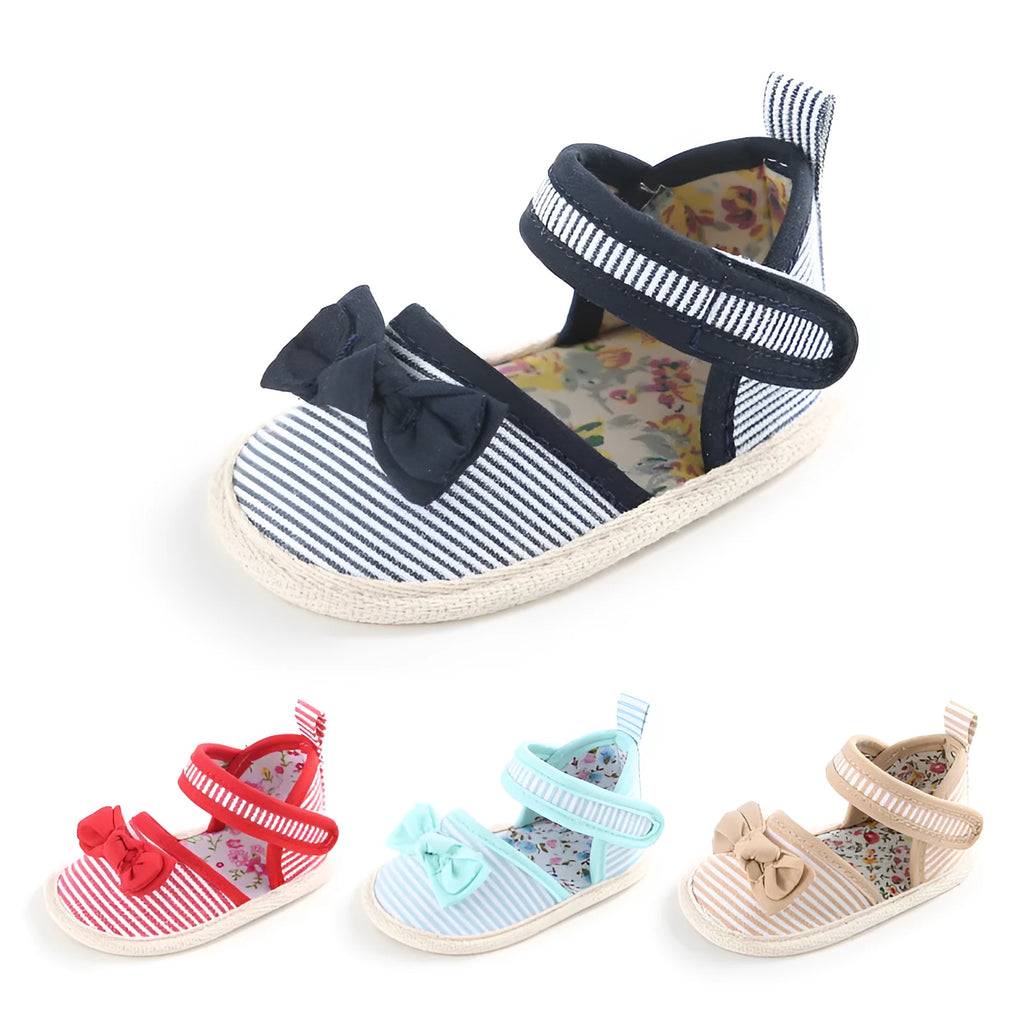 Baby girl soft sole cotton cloth sandals with plaid pattern and Velcro in yellow