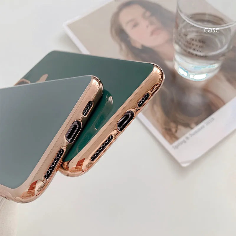 Solid colour TPU back cover phone case for iPhone in blue, claret, pink, or green.