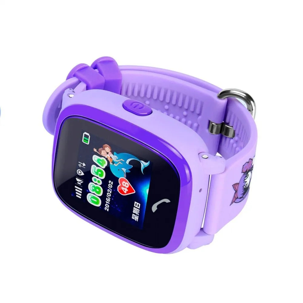 Blue children's waterproof smart watch with touch screen and silicone wristband showing SOS button