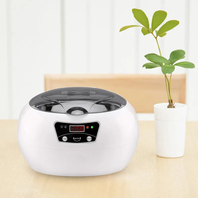 White blue ultrasonic cleaning machine with digital control panel on a countertop, 40KHz household appliance
