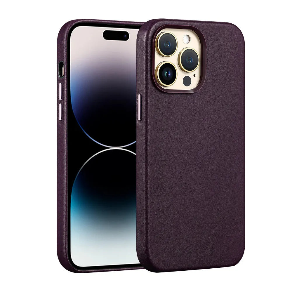 Berry Purple genuine leather magnetic phone case for iPhone showing magnetic adsorption feature.