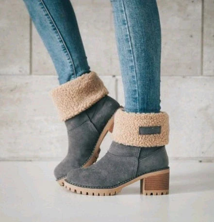 Stylish mid-calf suede snow boots with thick heels in various colors including gray, khaki, black, orange, and green