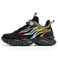 Boys sneakers with mesh upper in beige, black gold, and black red colours showing anti-slip sole