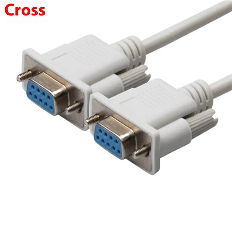 Milky white female-to-female DB9 RS232 serial cable with crossed wiring, 1.5 metres long.