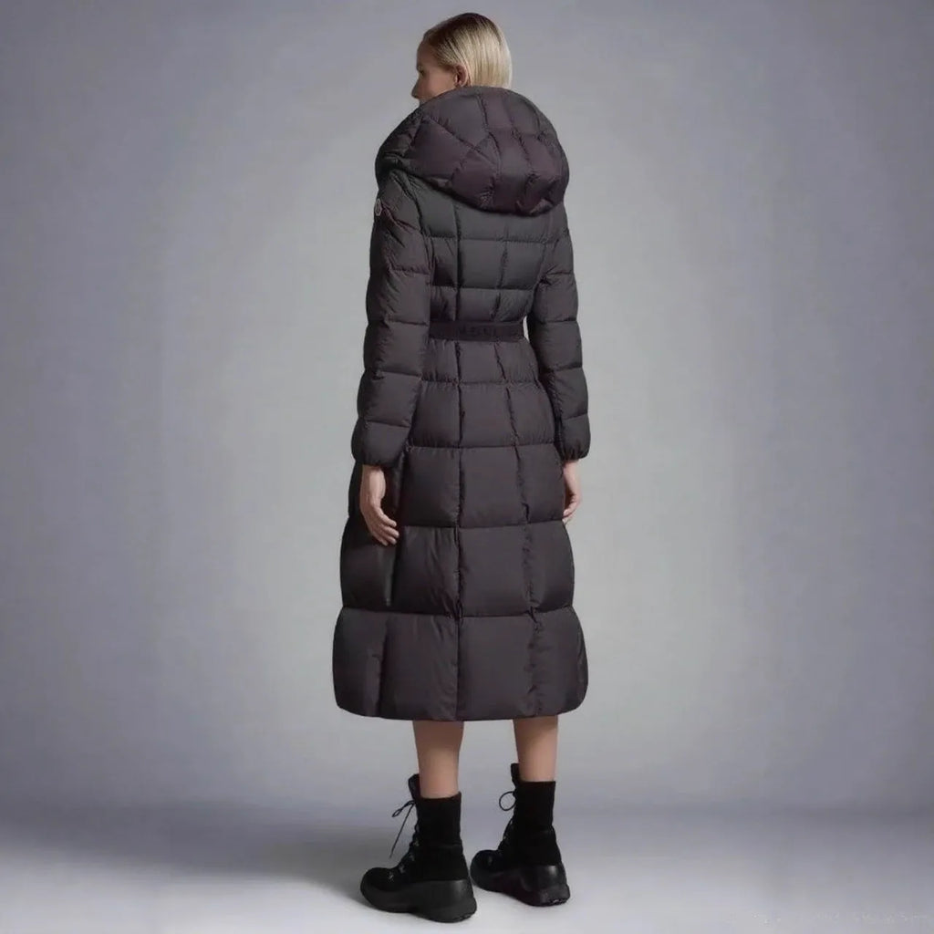 Black hooded down jacket for women, 65cm medium length, viscose fibre, white duck down, sizes 1-4.