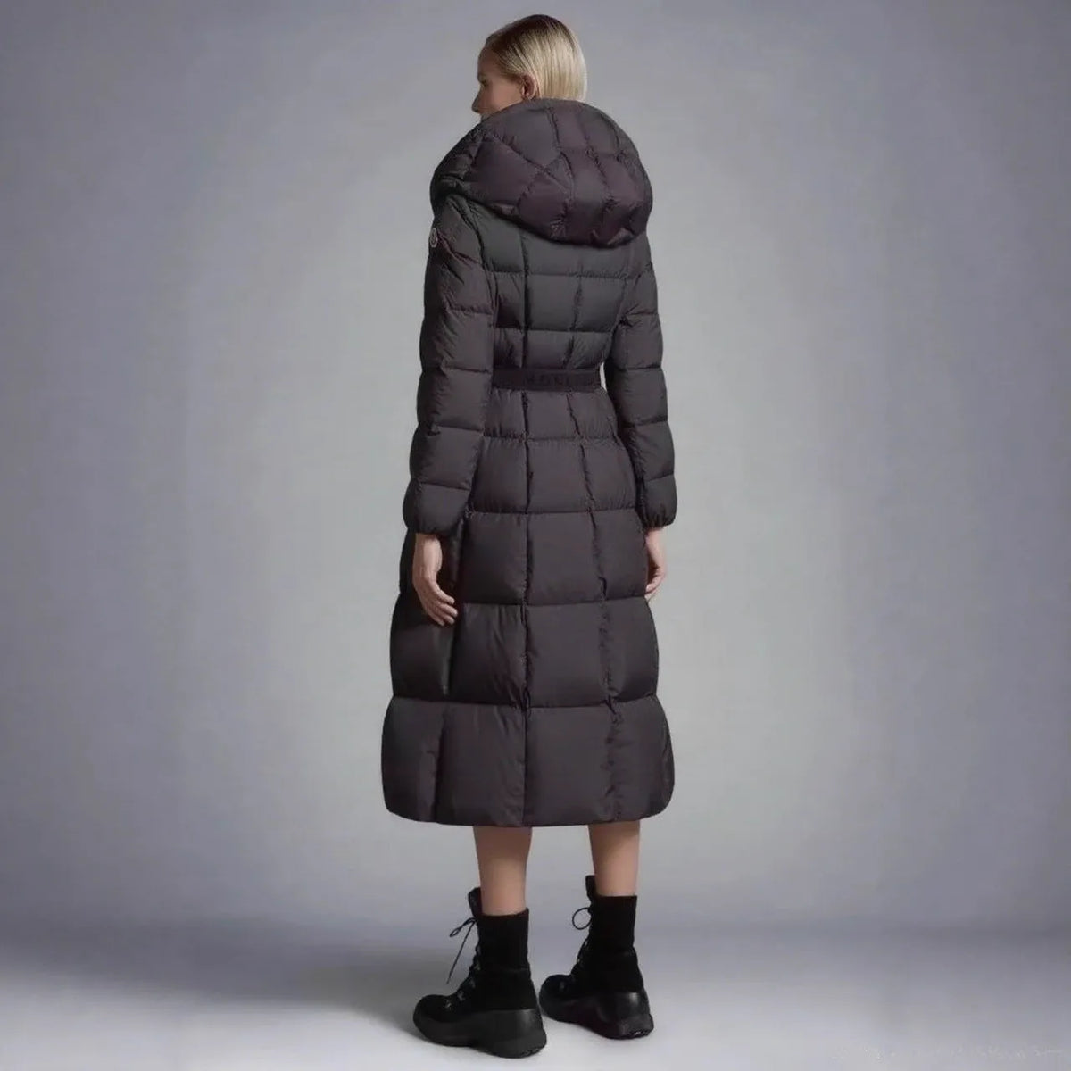 Black hooded down jacket for women, 65cm medium length, viscose fibre, white duck down, sizes 1-4.