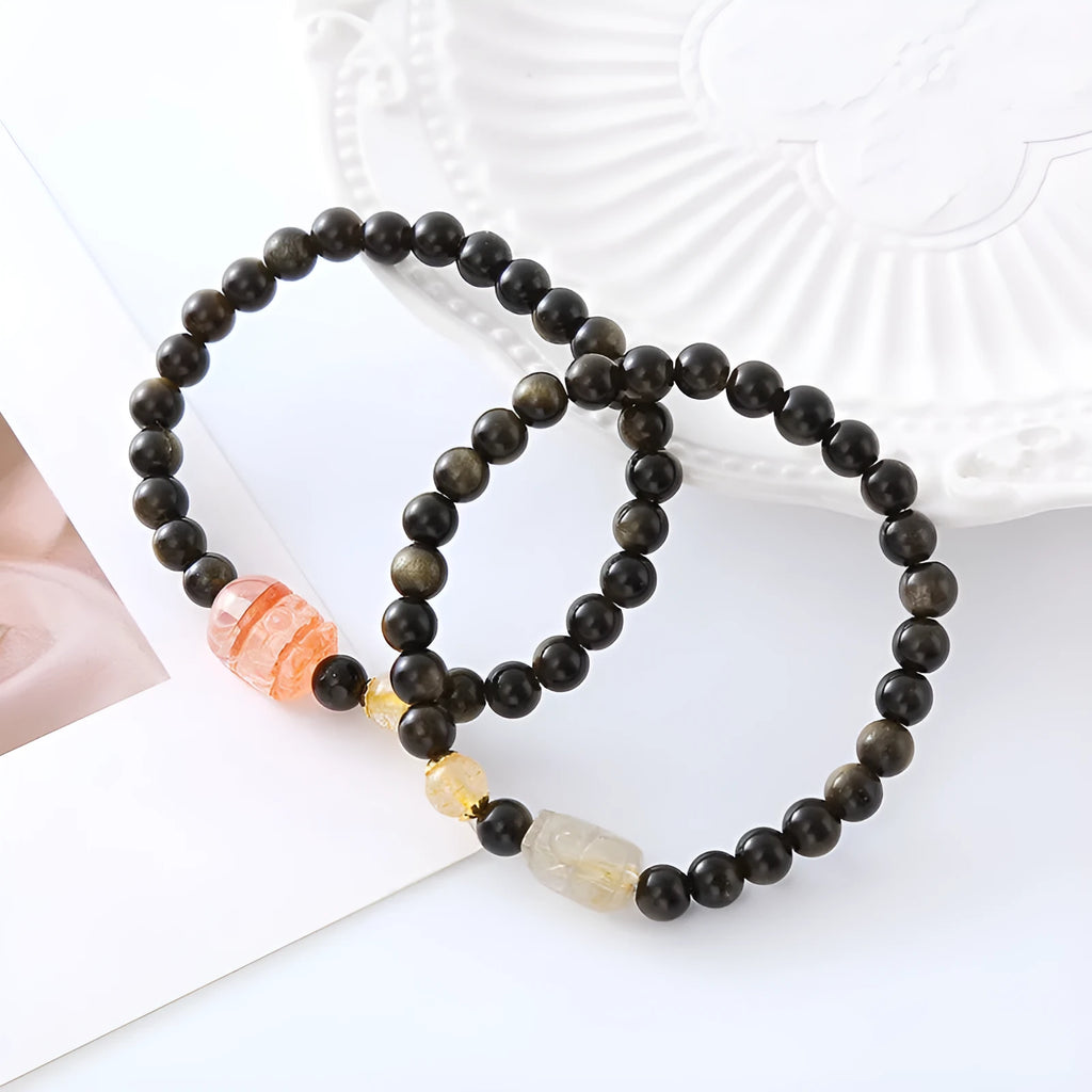 Natural obsidian Pi Xiu bracelet with zodiac motifs in ethnic retro style for men and women