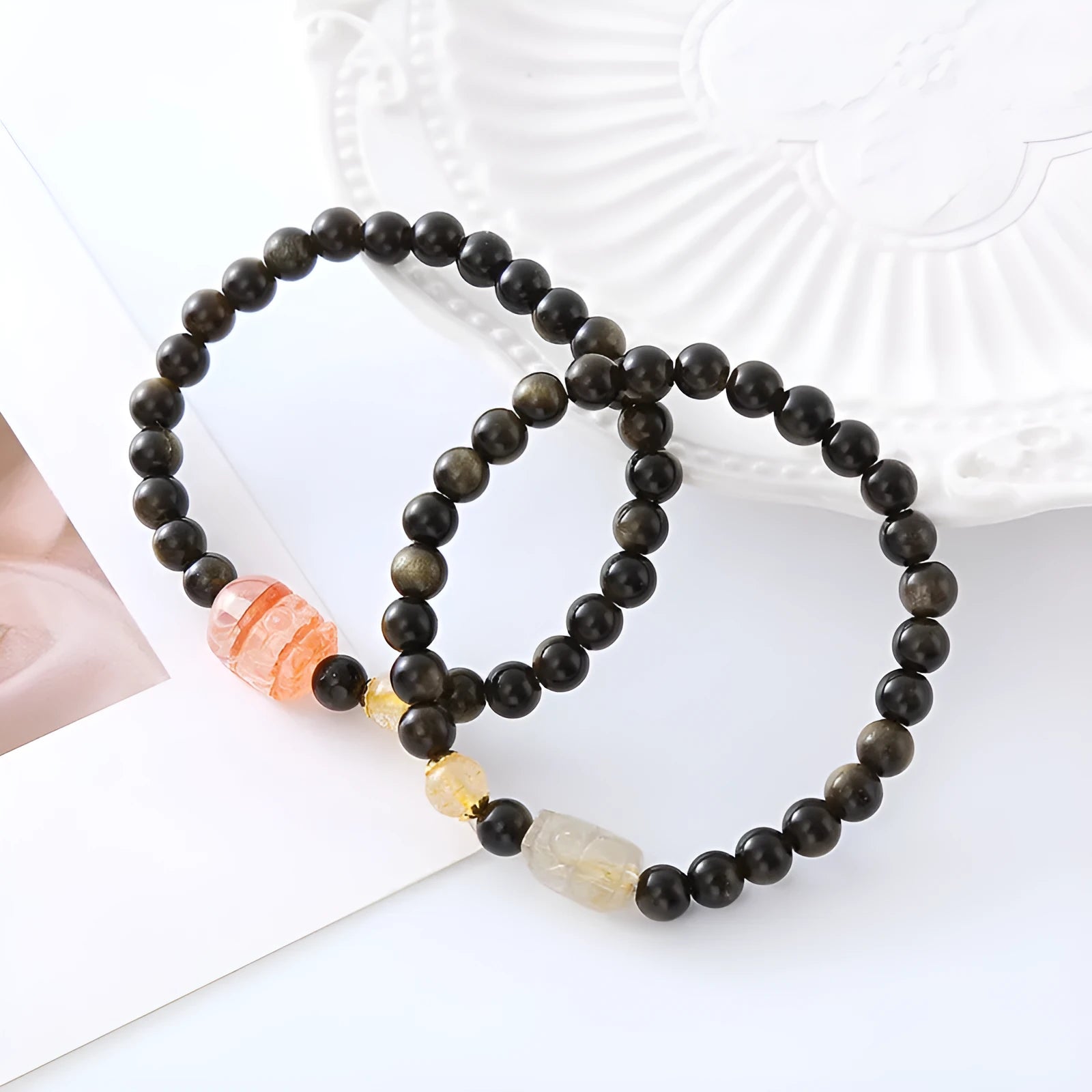 Natural obsidian Pi Xiu bracelet with zodiac motifs in ethnic retro style for men and women