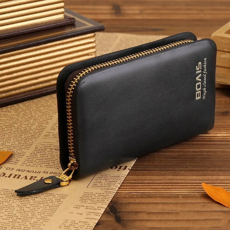 Zipper multifunction card holder in synthetic leather, square vertical shape, black colour, letter pattern.