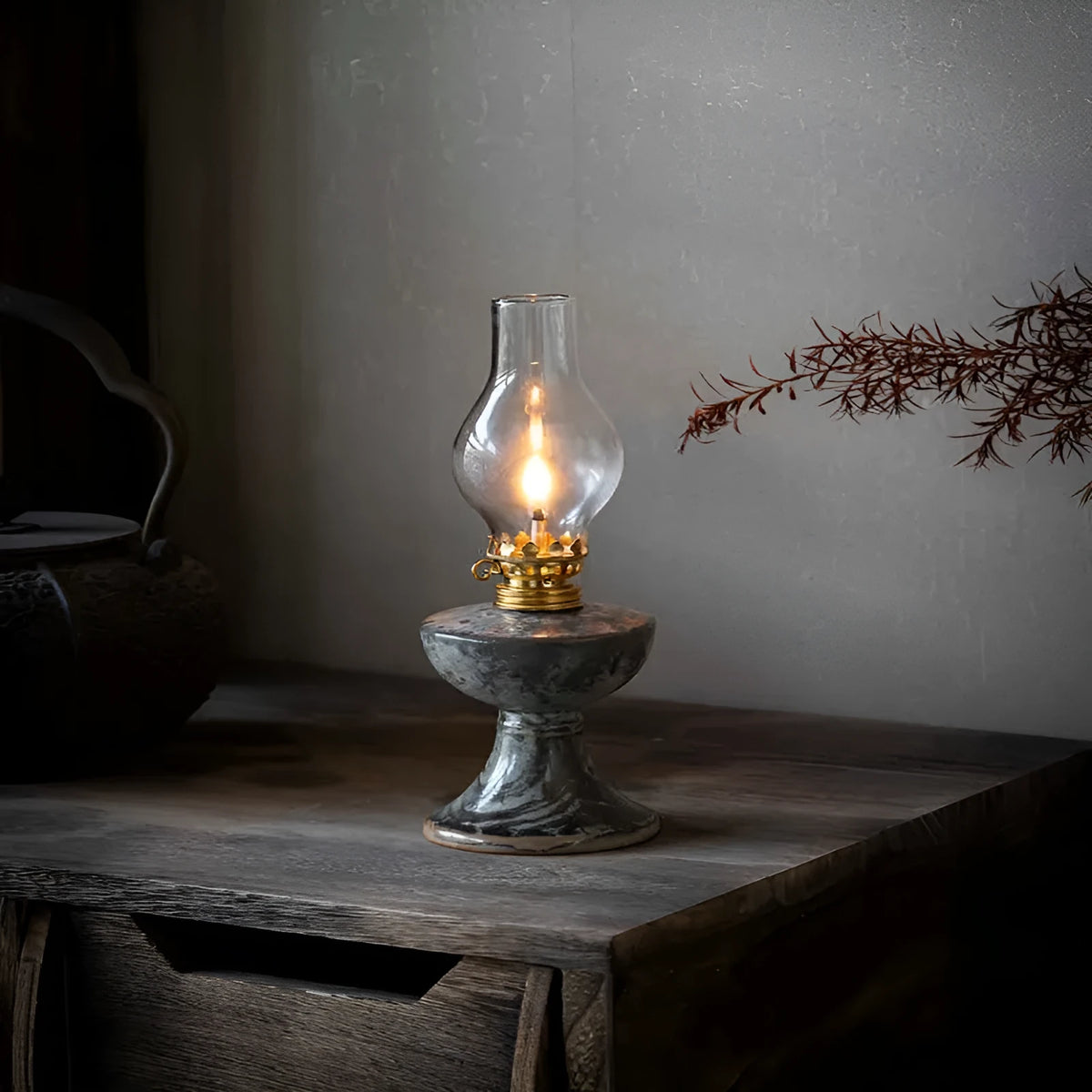 Retro split design Black Shino Kerosene Lamp decorative night light, 7.8cm wide and 23.8cm high, handmade ornament.