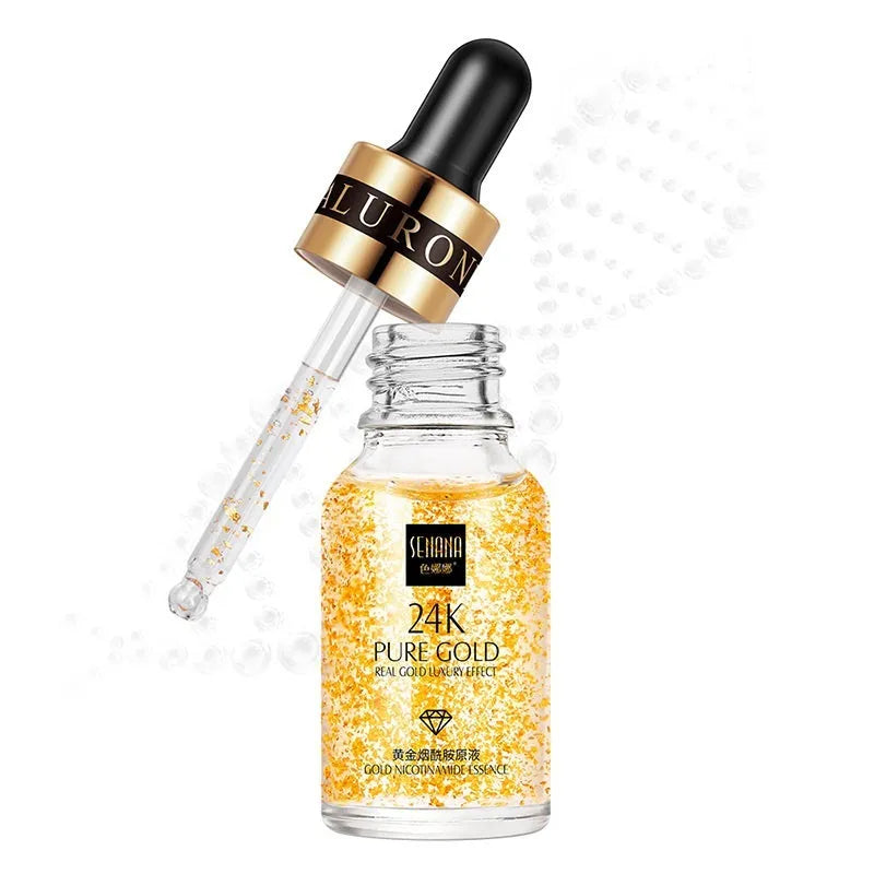 24K gold nicotinamide anti-aging facial essence in a glass bottle with three size options 15ml, 50ml, 100ml