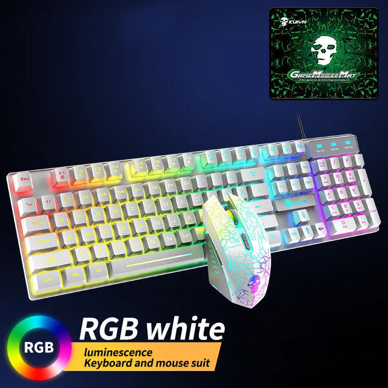 Kuiying T6RGB white RGB keyboard and mouse set with rainbow lighting, three DPI mouse, and included mouse pad on desk