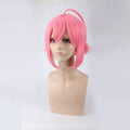 Pink upturned cosplay wig with artificial scalp and rose net inner cap, 35cm length, pre-styled for costume use.