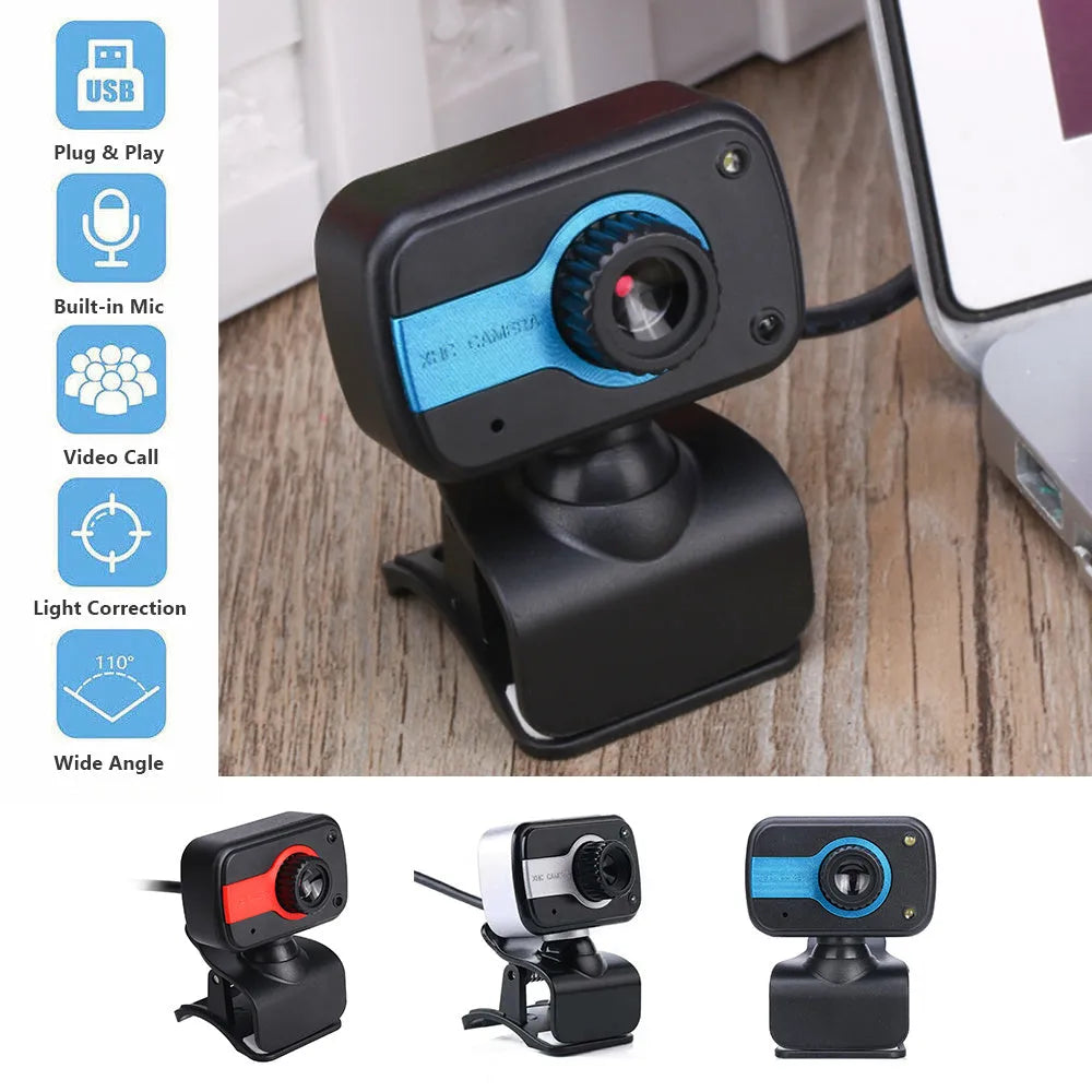 Blue mini USB webcam with rotating base on a laptop screen.