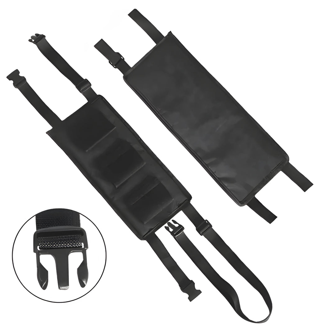 Black fishing rod holder for car seat, 180 x 380mm, holds three rods, neoprene wrap