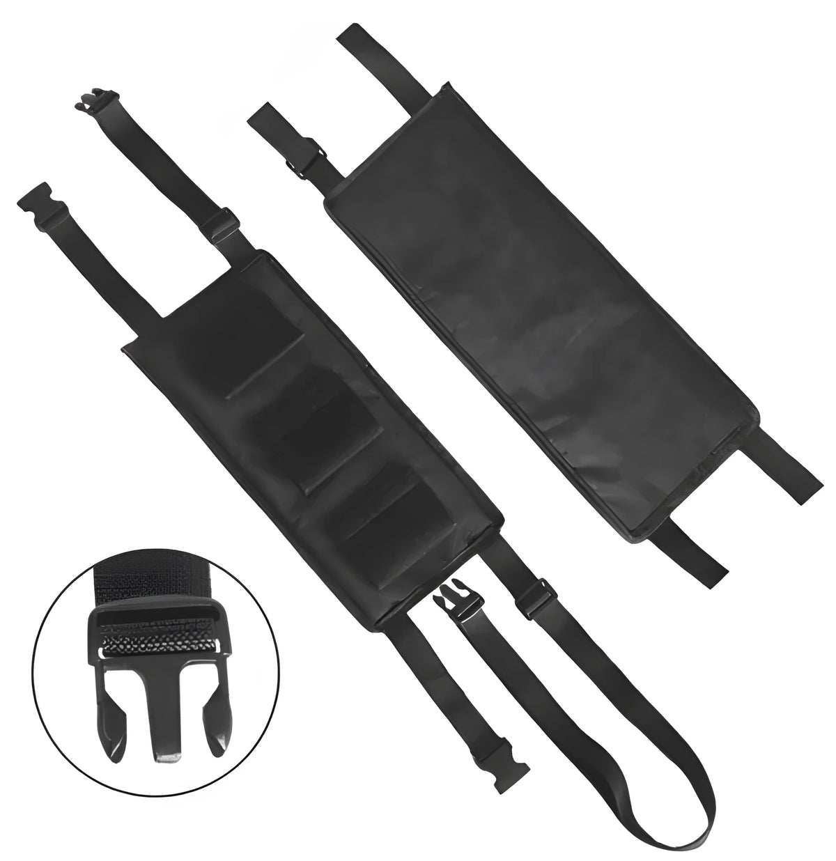 Black fishing rod holder for car seat, 180 x 380mm, holds three rods, neoprene wrap