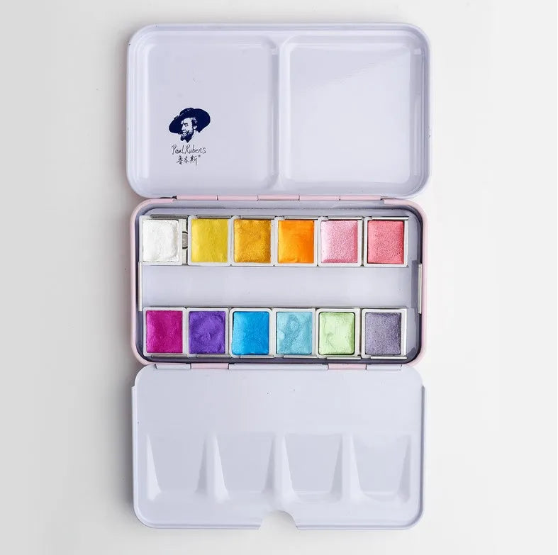 Set of solid watercolour paint blocks with pearl finish, showing 12 or 24 colour options.