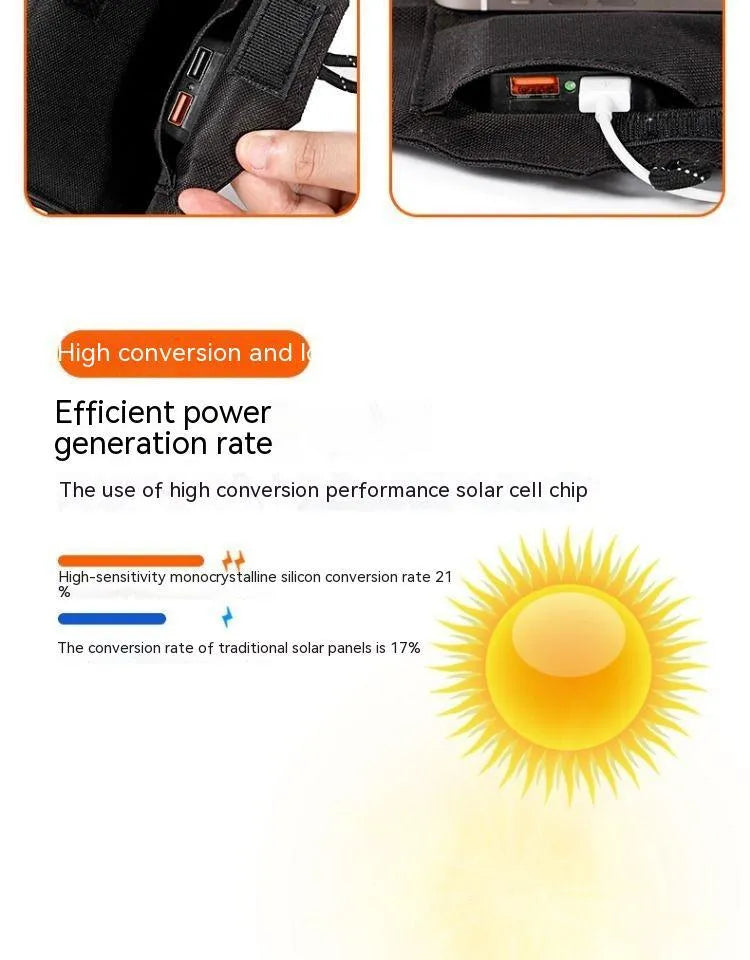 Monocrystalline solar charging board panel portable outdoor power bank charger in black with foldable design