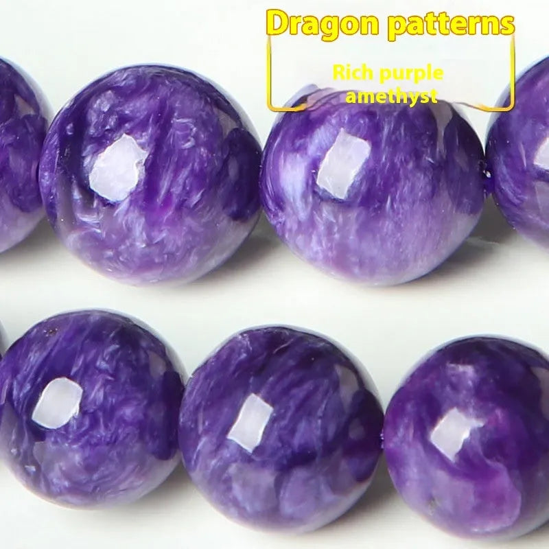 Transparent charoite crystal bracelet with platinum settings on a wrist, showing different bead size options.