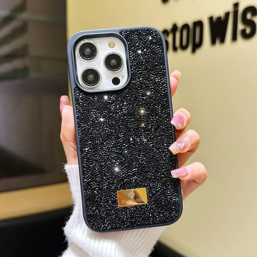 Luxury rhinestone graphene mobile phone shell in Black with frosted finish, compatible with iPhone models 11-17