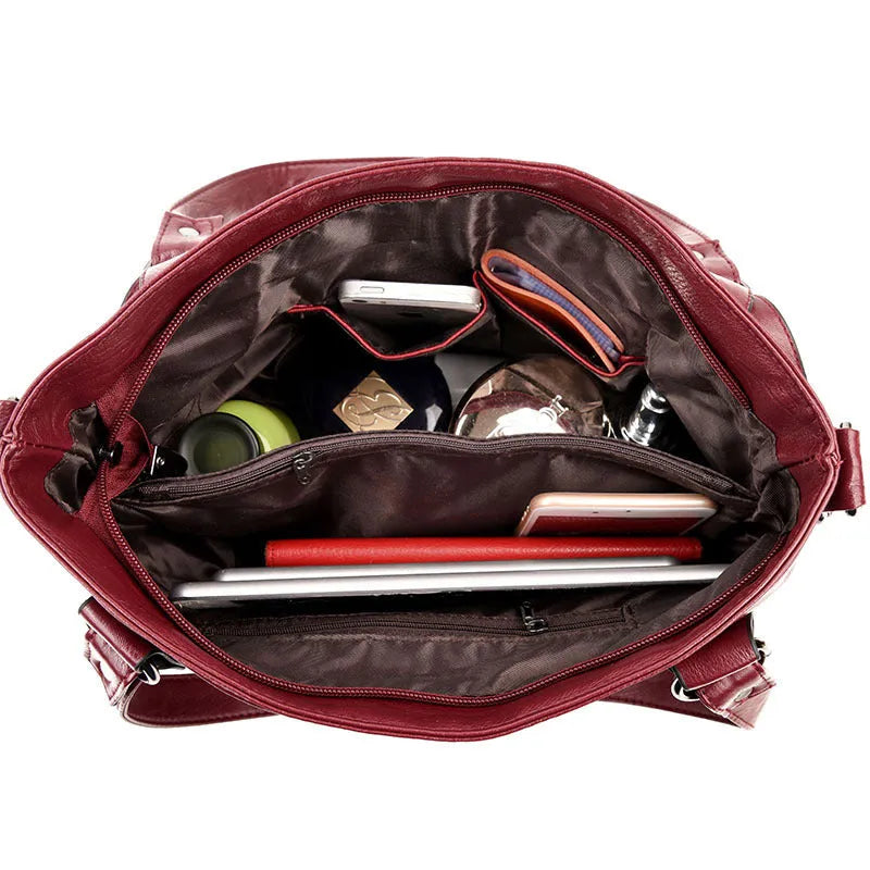 PU fabric texture shoulder bag for women in black, light grey, purple, and red colour options