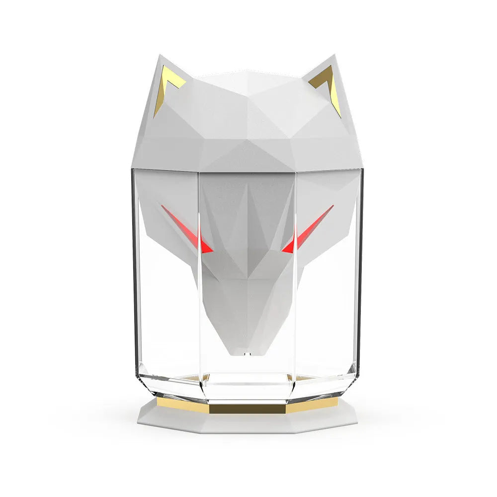 War Wolf black and white ultrasonic desktop humidifier with colourful LED lights on, showing mist outlet.