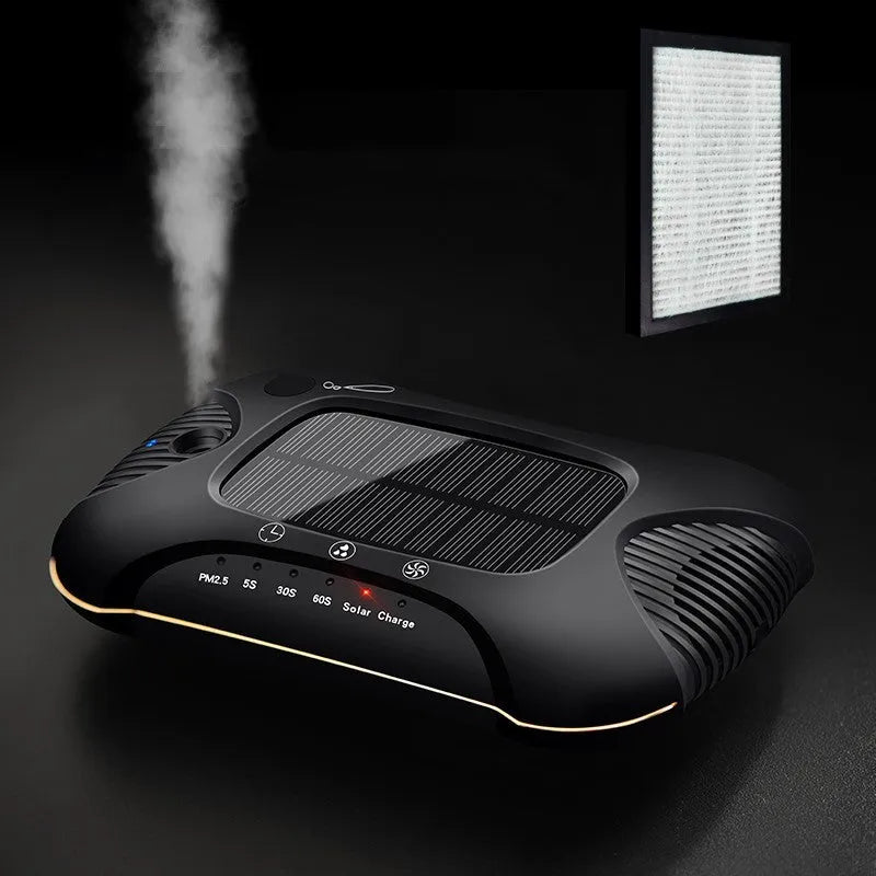 Solar car air purifier in black with HEPA filter and activated carbon for odour and dust removal