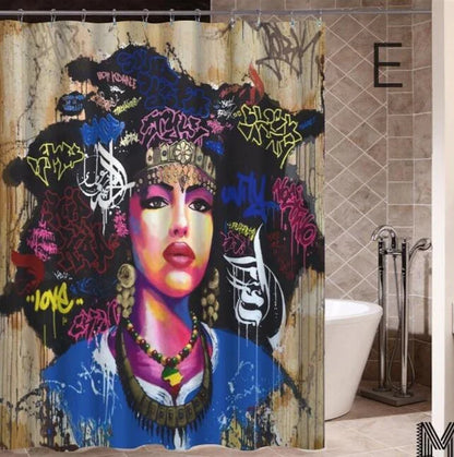 Vibrant Afro-urban printed shower curtain with modern building and African girl design