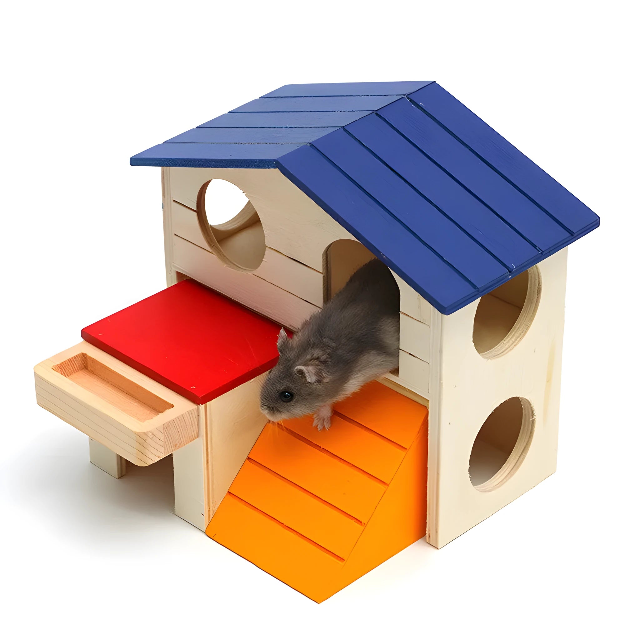 Blue roof wooden hamster chalet with removable floor measuring 17x17x15 cm