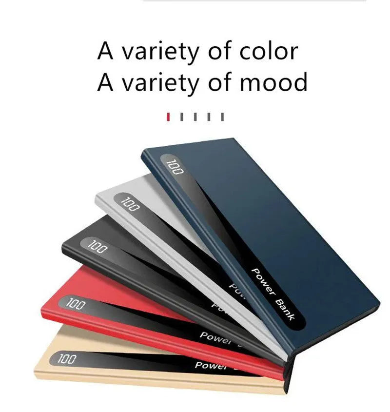 Ultra-thin 20000mAh power bank with digital display, dual USB ports, L172 x W14 x H152, black blue red