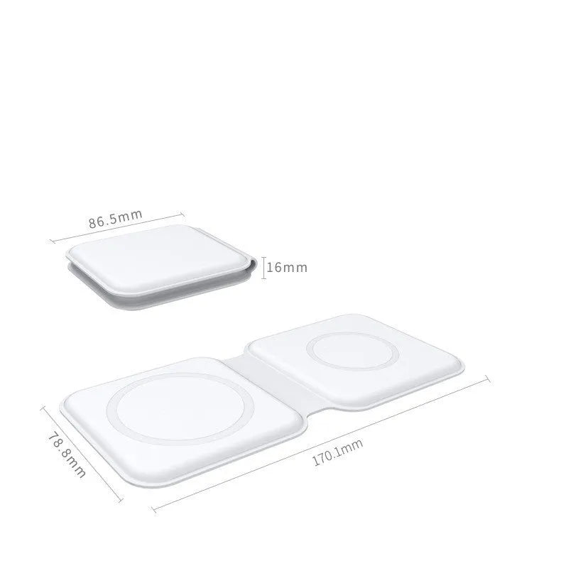 White foldable magnetic wireless charging dock showing two phones charging simultaneously.