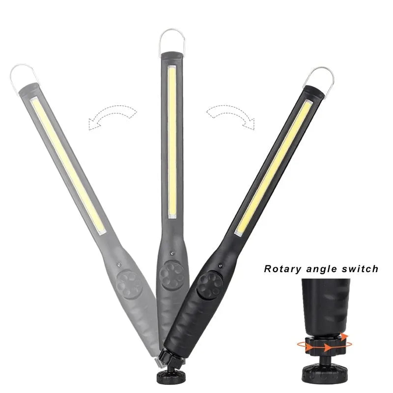 LED work light with 360-degree rotating bracket, 20W, USB rechargeable, ABS plastic, 377x35mm, in Black or Purple.