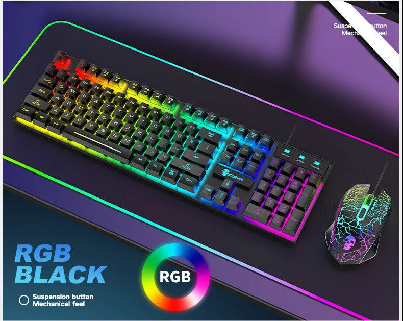 Kuiying T6RGB white RGB keyboard and mouse set with rainbow lighting, three DPI mouse, and included mouse pad on desk