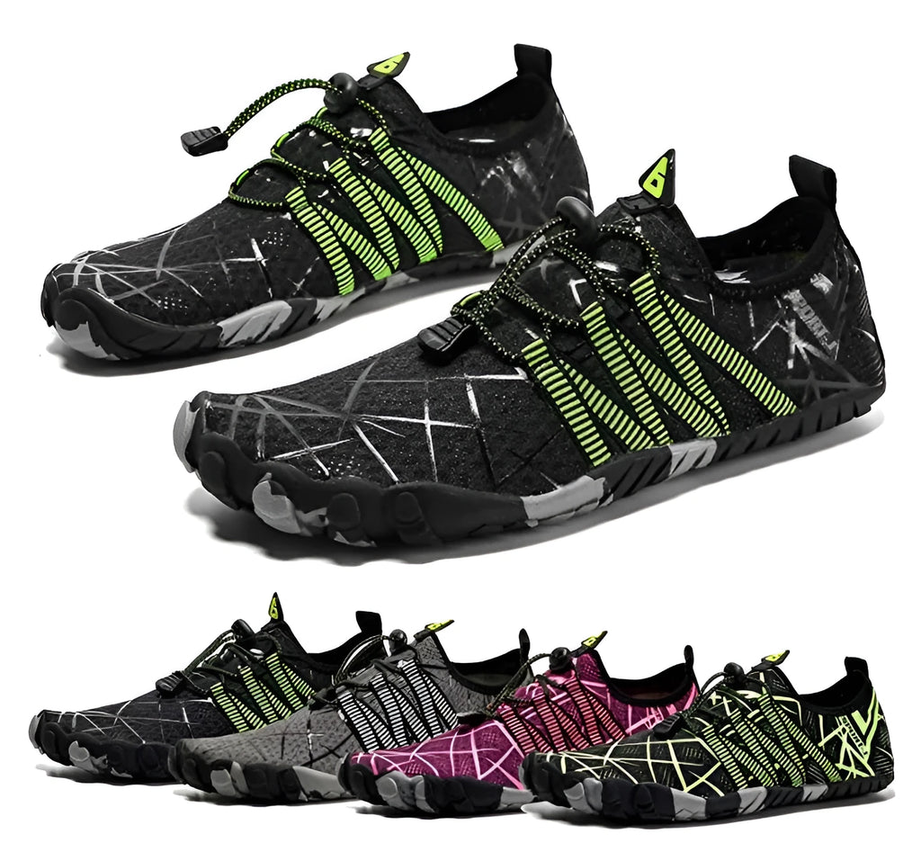 Unisex non-slip wading shoes with Lycra elastic upper and rubber sole in black, gray, green, and rose red