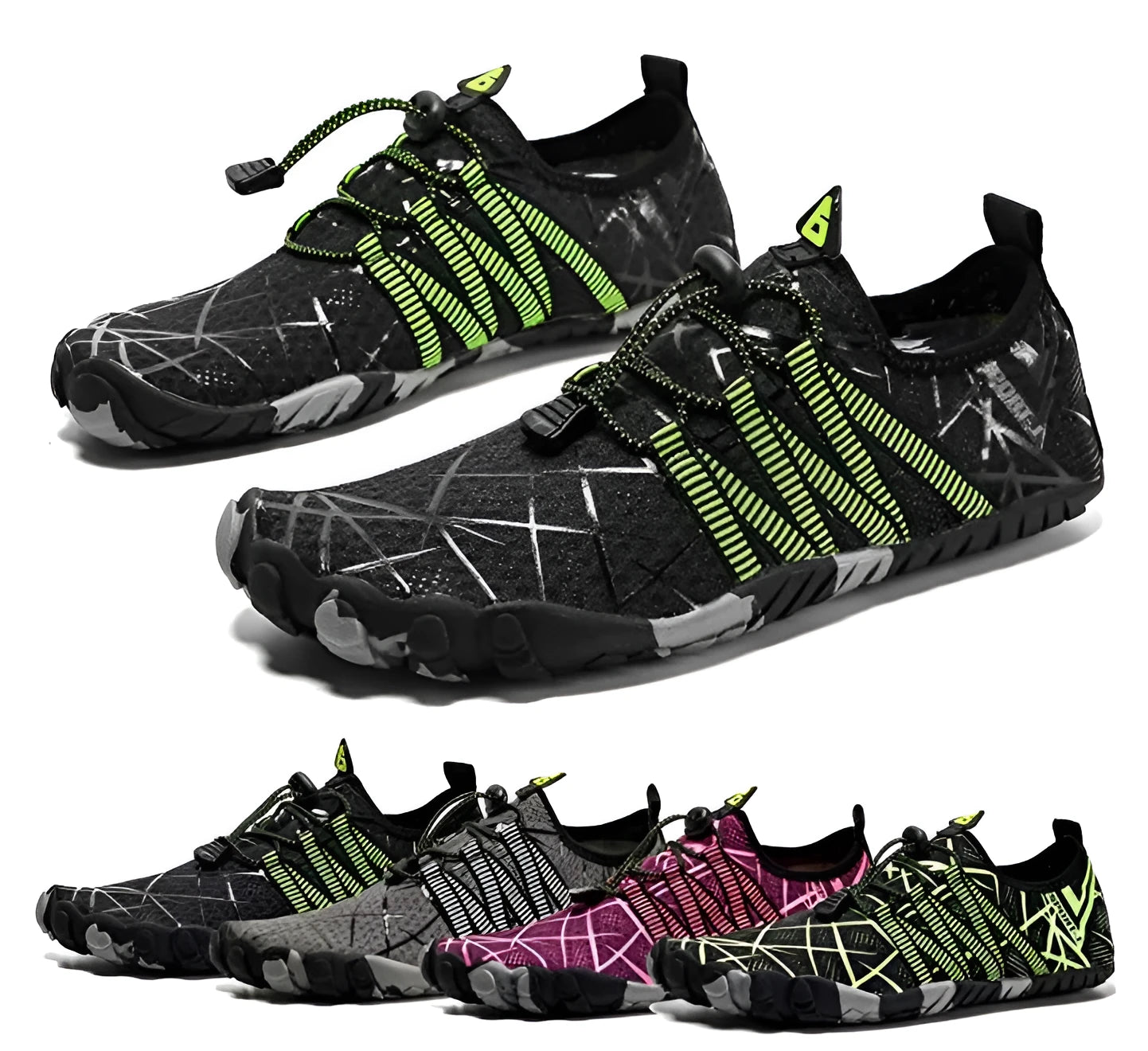 Unisex non-slip wading shoes with Lycra elastic upper and rubber sole in black, gray, green, and rose red