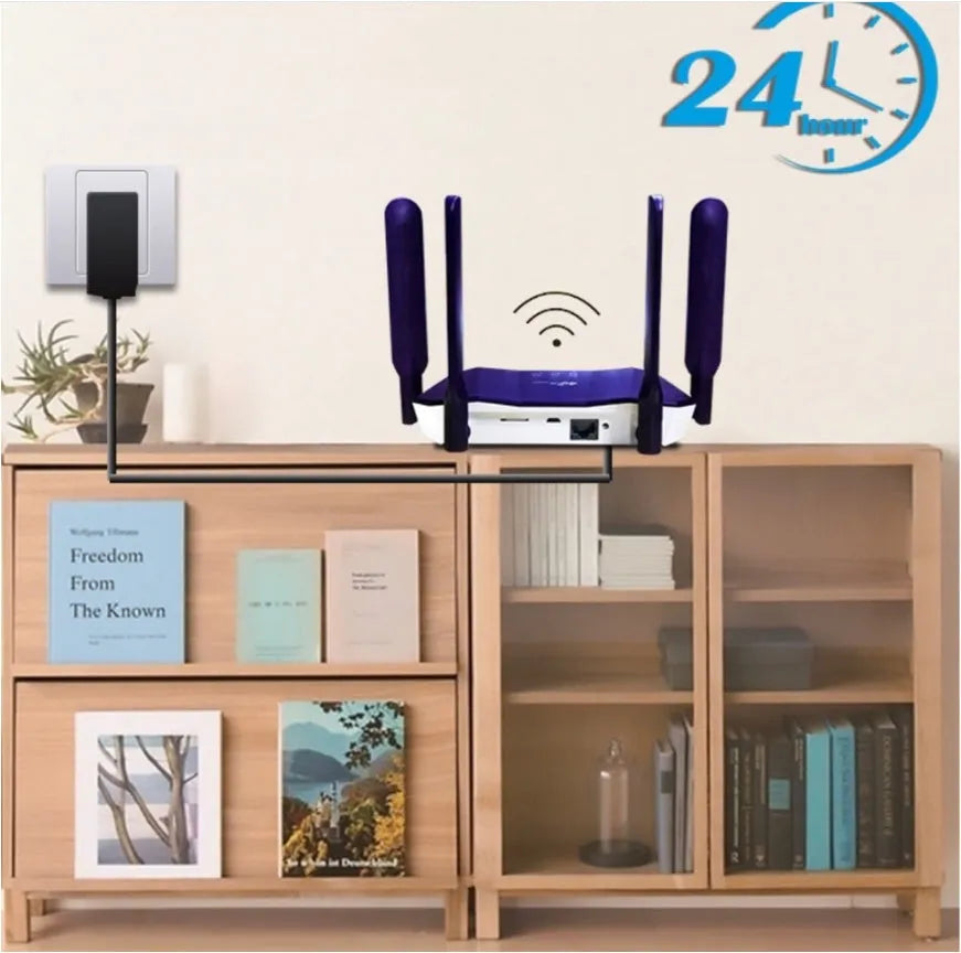 Blue 4G dual-mode router with four external antennas on a desk.