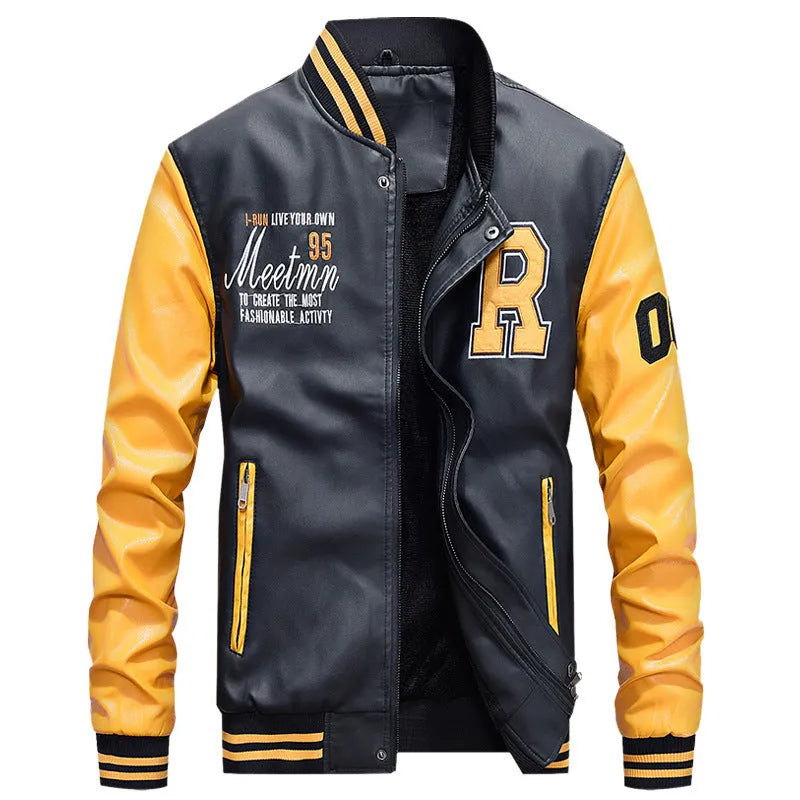 Men's casual PU leather jacket in red with full polyester lining, front view with zip closure