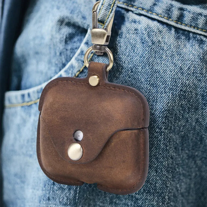 Brown leather AirPods Pro clamshell cover with vintage crazy horse pattern texture
