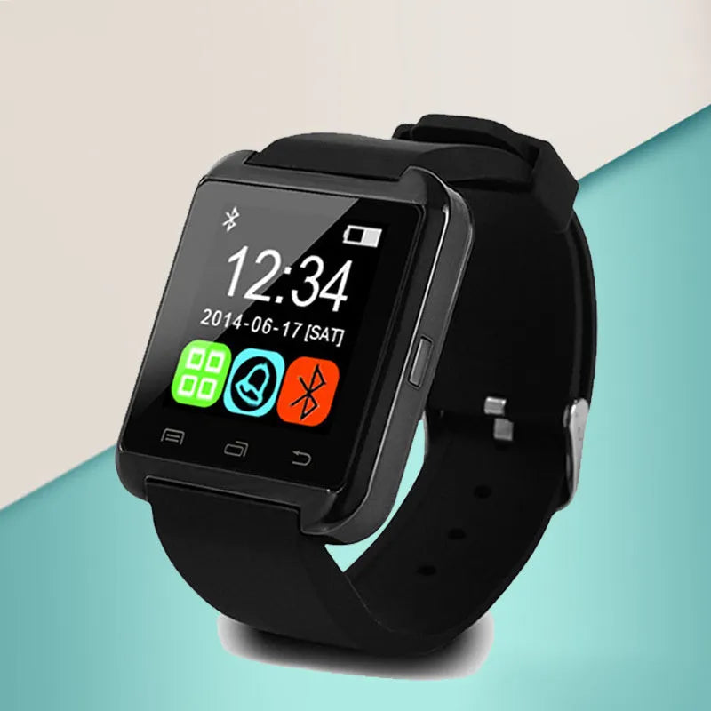 U8 Smart Bluetooth Watch in black, red, or white, showing simple three-dimensional design on wrist.