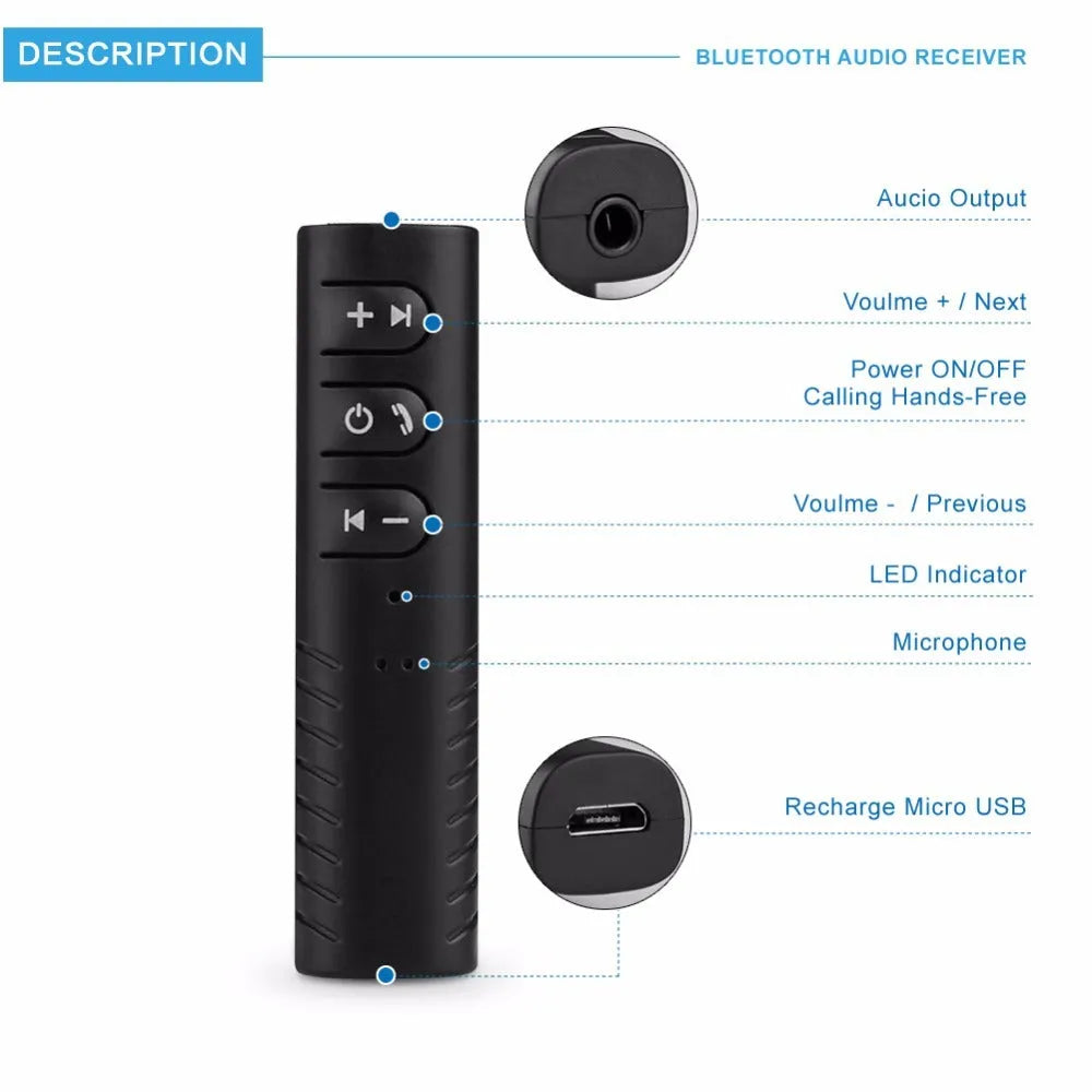 Black Bluetooth car audio receiver adapter with 3.5mm AUX connection for wireless music streaming