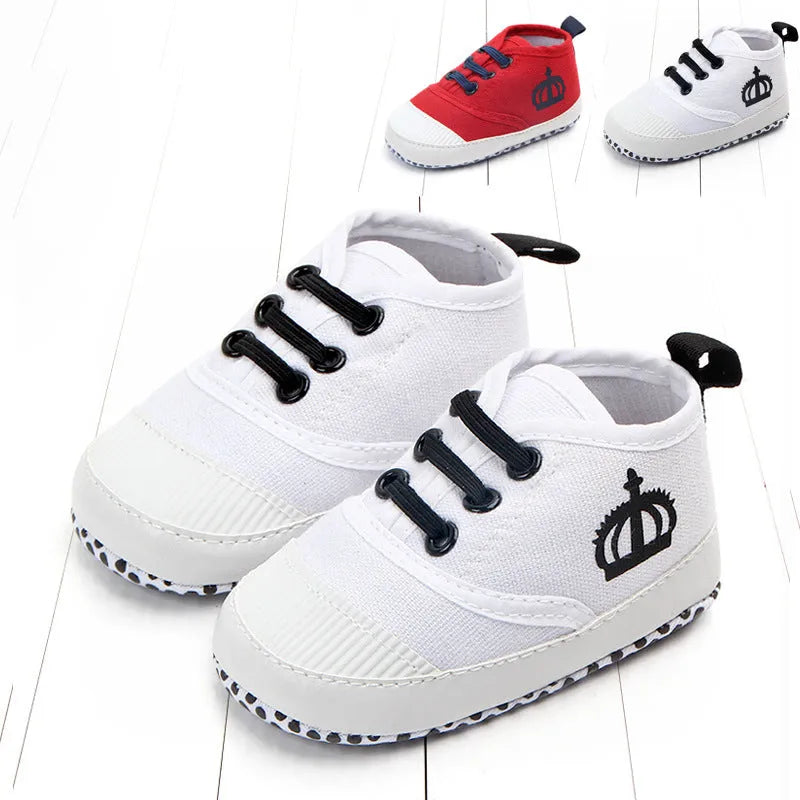 Red and white cotton canvas baby shoes with elastic band for toddlers