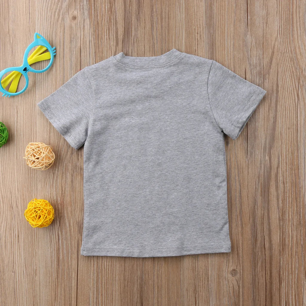 Grey cotton printed t-shirt showing size options from 60cm to 140cm on a size chart