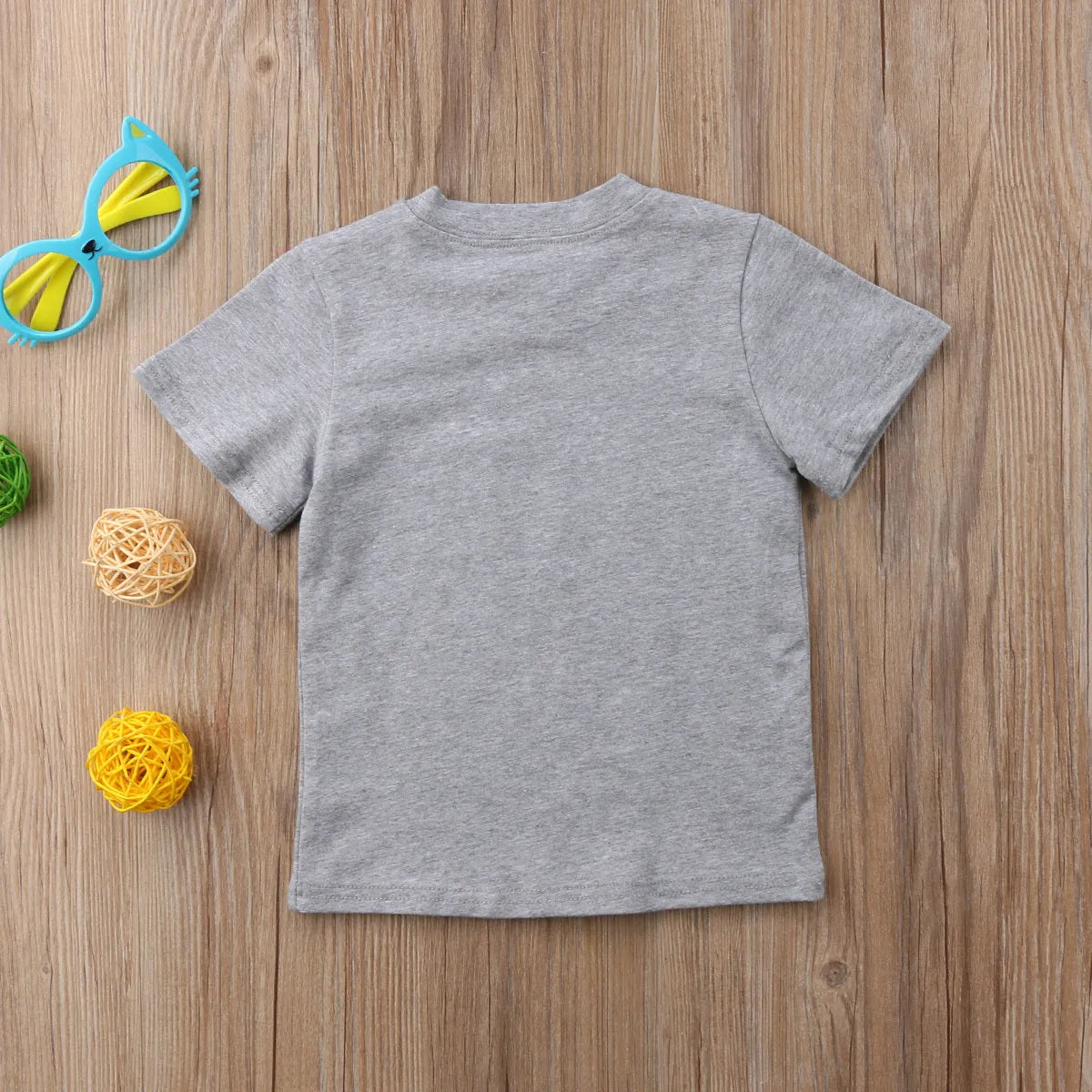Grey cotton printed t-shirt showing size options from 60cm to 140cm on a size chart