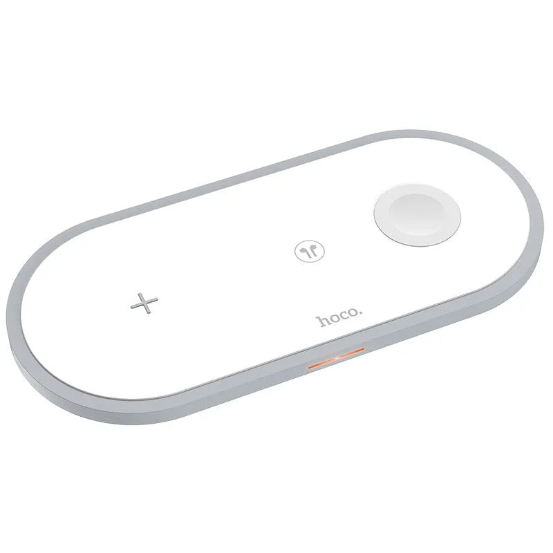 3 in 1 wireless charger in black or white, 21 x 8.5 x 0.8cm, with dual coil pad for iPhone, Apple Watch and AirPods