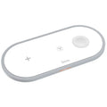 3 in 1 wireless charger in black or white, 21 x 8.5 x 0.8cm, with dual coil pad for iPhone, Apple Watch and AirPods