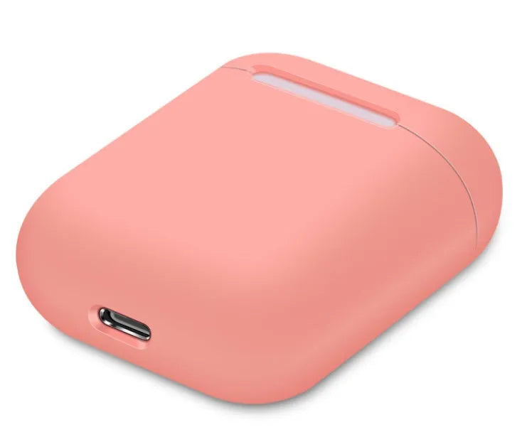 Silicone protective cover for Apple AirPods charging case shown in multiple solid colours including black, blue, and pink.