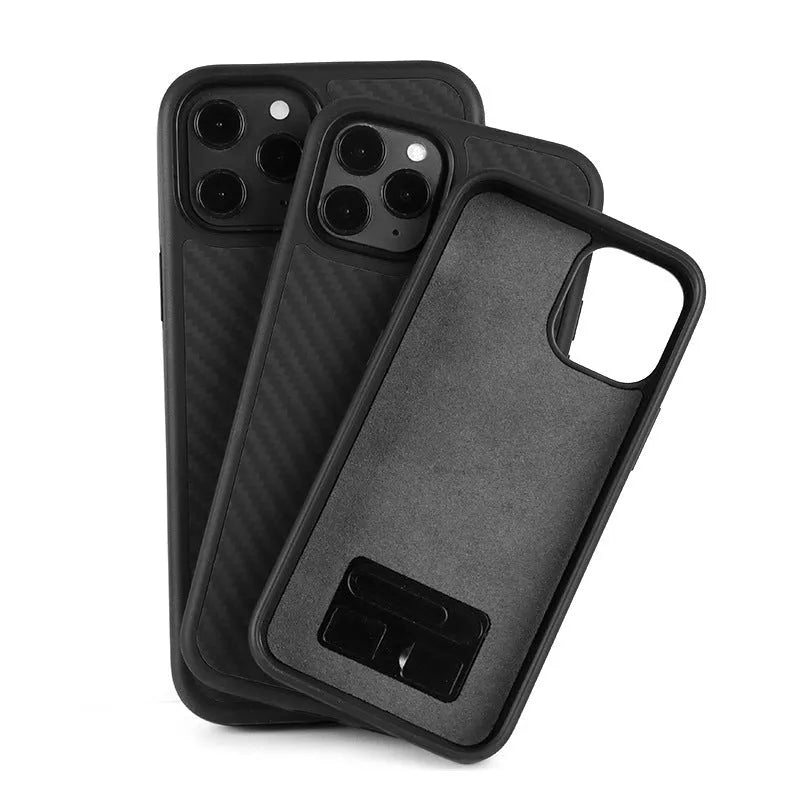 Solid black wooden phone case for iPhone with TPU and Kevlar construction.